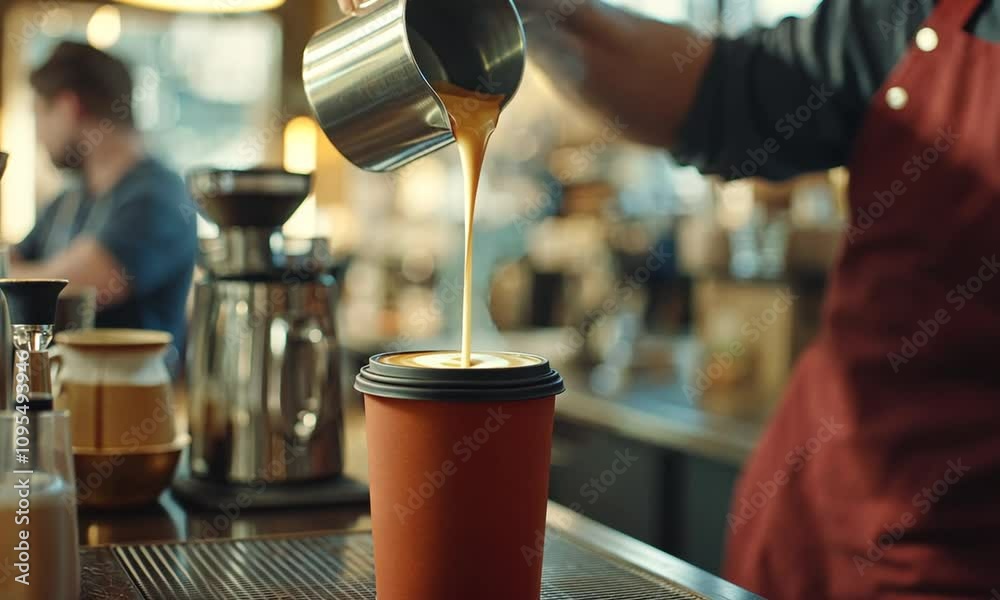 Barista Pouring Freshly Brewed Coffee into a Stylish Orange Takeout Cup in a Cozy Coffee Shop Setting with Blurred Background Customers Barista Pouring Freshly Brewed Coffee into a Stylish Orange Takeout Cup in a Cozy Coffee Shop Setting with Blurred Background Customers