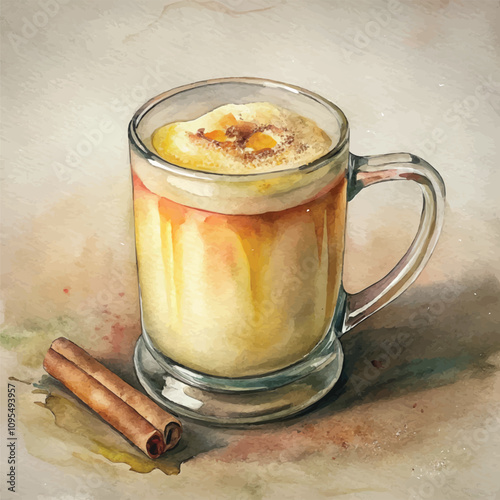 Golden holiday eggnog with cinnamon garnish and glass mug presentation