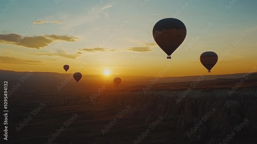 Naklejka premium Aerial sunrise view of hot air balloons in Cappadocia, Turkey