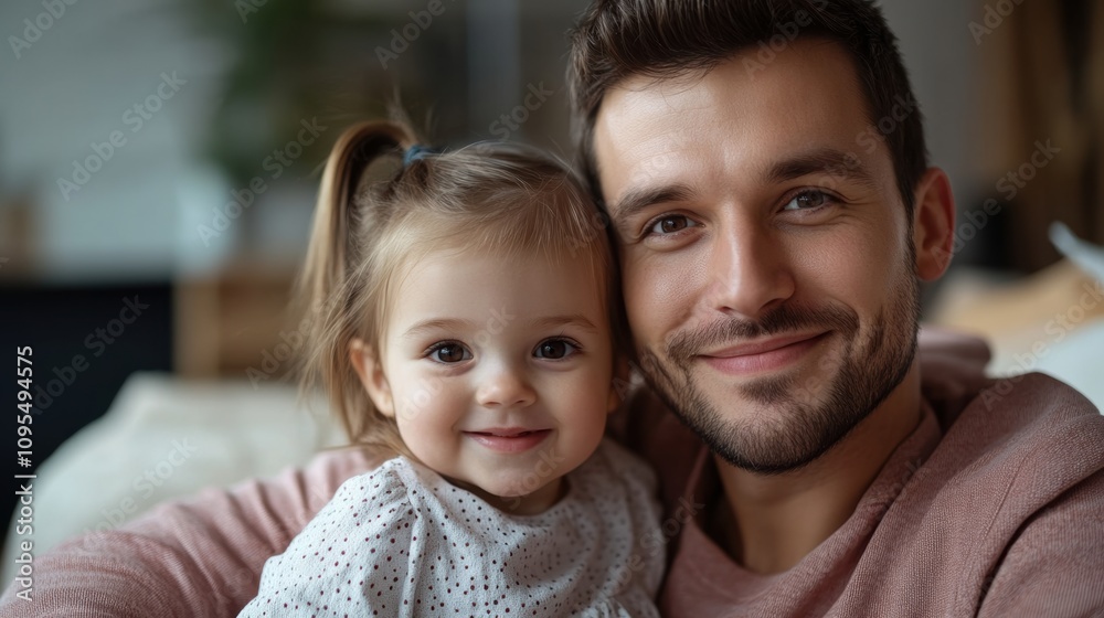 Father and young daughter indoors, close-up smiling, denim jacket, bonding moment, family portrait, cozy home, parental love, happiness, parent and child Father and young daughter indoors, close-up smiling, denim jacket, bonding moment, family portrait, cozy home, parental love, happiness, parent and child