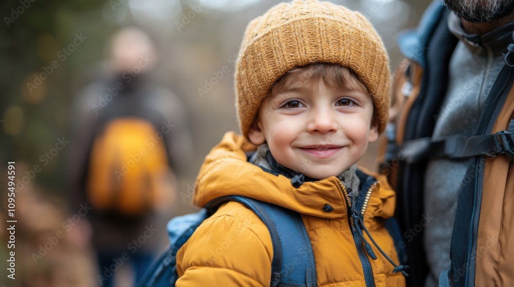 Young boy in yellow jacket smiling outdoors, autumn hike, beanie hat, backpack, cheerful child, nature walk, enjoying cool weather, outdoor adventure, family trip Young boy in yellow jacket smiling outdoors, autumn hike, beanie hat, backpack, cheerful child, nature walk, enjoying cool weather, outdoor adventure, family trip