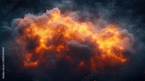 Explosive blast with intense fire and dark smoke, powerful explosion, impact force, smoke cloud, destruction, fireball in motion, violent energy, impact dust and debris