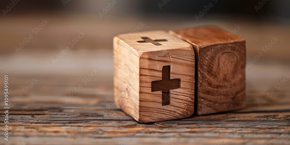 Wooden Blocks Displaying Plus and Minus Symbols, Representing Basic Mathematical Concepts, Contrasts, and Decisions in a Minimalist Educational Setup on a Plain Surface Wooden Blocks Displaying Plus and Minus Symbols, Representing Basic Mathematical Concepts, Contrasts, and Decisions in a Minimalist Educational Setup on a Plain Surface