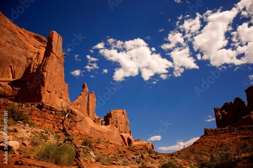 Tall majestic red rocks in southern Utah desert