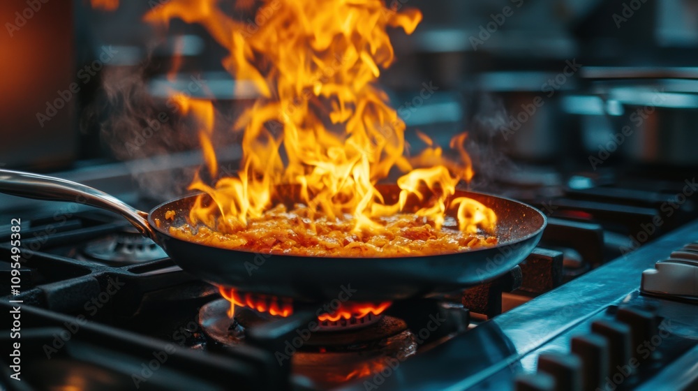 Chef cooking with flames in frying pan on stove, intense kitchen action, high heat, professional culinary skills, fiery cooking process, gourmet restaurant, food preparation Chef cooking with flames in frying pan on stove, intense kitchen action, high heat, professional culinary skills, fiery cooking process, gourmet restaurant, food preparation