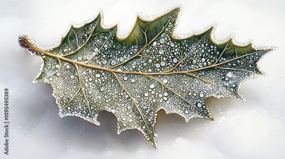 Fototapeta premium A macro shot of a leaf with dewdrops on its blades, placed on a white background