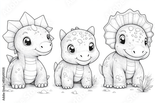 dinosaures illustration, coloriage enfant, à imprimer, noir et blanc, activité, dessin, mignon, tout-petits, adorable, joli, fun, loisir
