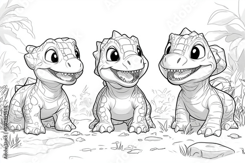 dinosaures illustration, coloriage enfant, à imprimer, noir et blanc, activité, dessin, mignon, tout-petits, adorable, joli, fun, loisir photo