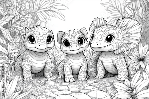 dinosaures illustration, coloriage enfant, à imprimer, noir et blanc, activité, dessin, mignon, tout-petits, adorable, joli, fun, loisir photo