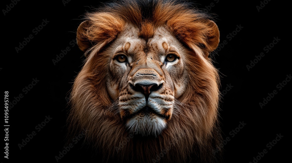 Fototapeta premium Detailed lion portrait against dark background, majestic king of the jungle with intense stare, powerful and wild animal, close-up of lion’s face and mane