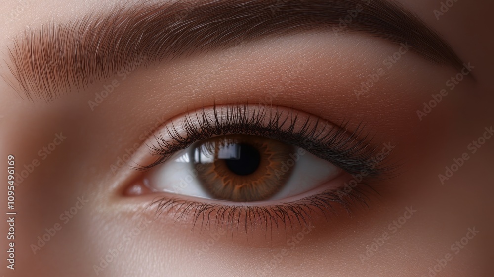 Macro of female eye with defined brows, clean skin.
