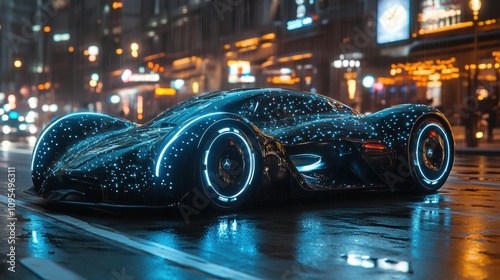 Futuristic car with glowing lights in city, night view, advanced electric vehicle, cyberpunk inspired automobile, neon cityscape, high-tech automotive design