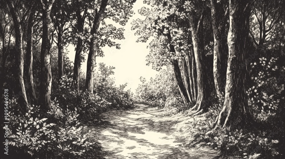 Nostalgic forest landscape art, hand-drawn Nostalgic forest landscape art, hand-drawn