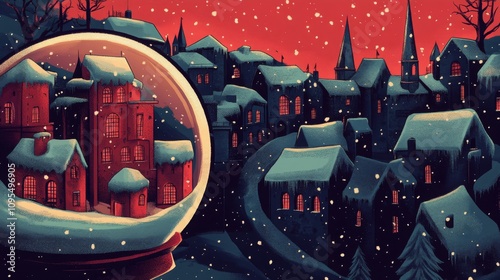 Red town in a vector snow globe, raster version. photo