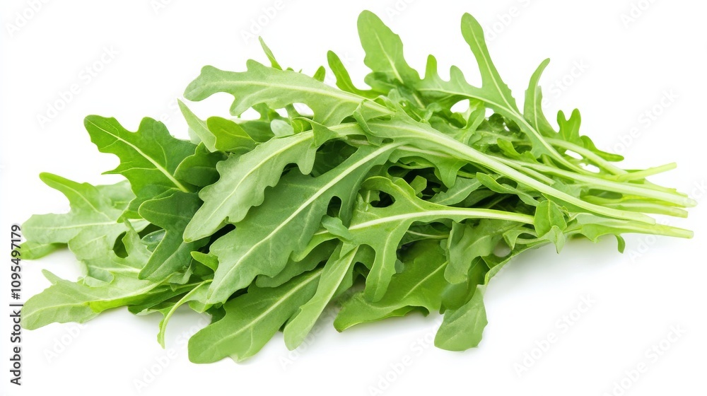 A bundle of fresh arugula leaves with their peppery flavor and delicate texture, Each leaf's vibrant green color and crisp bite captured with precision A bundle of fresh arugula leaves with their peppery flavor and delicate texture, Each leaf's vibrant green color and crisp bite captured with precision