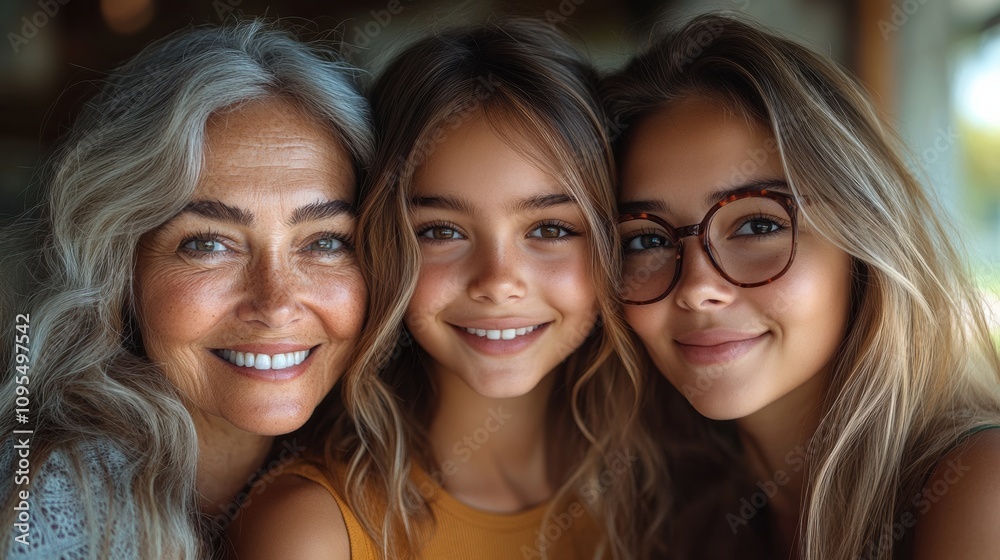 Close-up of grandmother with two granddaughters, smiling faces, generations bonding, family love, warm relationship, indoor cozy scene, togetherness, joyful expressions, beauty, closeness Close-up of grandmother with two granddaughters, smiling faces, generations bonding, family love, warm relationship, indoor cozy scene, togetherness, joyful expressions, beauty, closeness