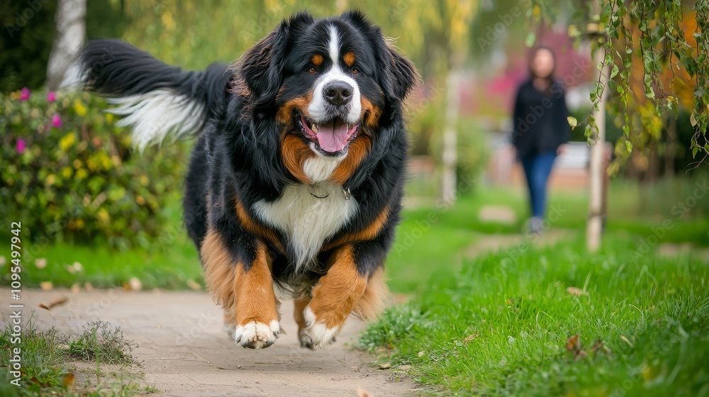 A joyful Bernese Mountain Dog running through a lush green park, showcasing its playful spirit and stunning fur. A joyful Bernese Mountain Dog running through a lush green park, showcasing its playful spirit and stunning fur.