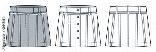 Mini Skirt technical fashion illustration. Button down Skirt fashion flat technical drawing template, belt, front and back view, white, grey, women CAD mockup set.