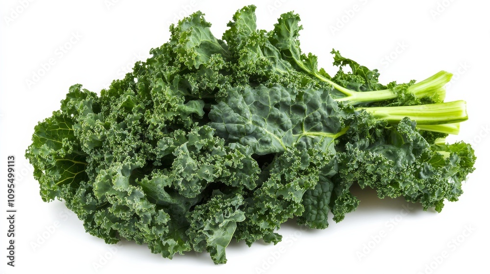 A bundle of fresh kale leaves with their dark green color and curly texture, Each leaf's nutrient density and earthy taste captured with precision A bundle of fresh kale leaves with their dark green color and curly texture, Each leaf's nutrient density and earthy taste captured with precision