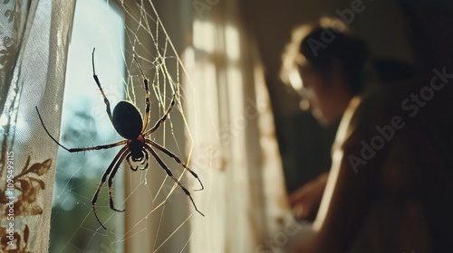 A close-up of a spider weaving its web, with a soft focus on a woman in the background, creating a captivating atmosphere. photo