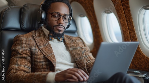 Businessman on airplane with laptop, stylish attire, using technology, working during flight, wearing headphones, productivity, modern executive, high altitude, corporate travel, business trip