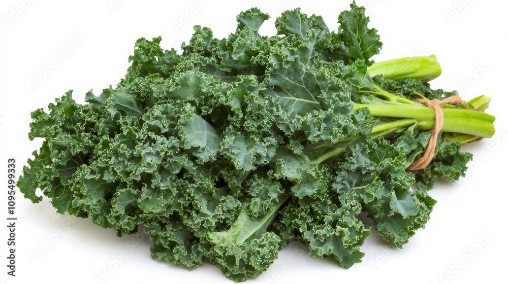 A bundle of fresh kale leaves with their dark green color and curly texture, Each leaf's nutrient-rich profile and earthy flavor captured with precision A bundle of fresh kale leaves with their dark green color and curly texture, Each leaf's nutrient-rich profile and earthy flavor captured with precision