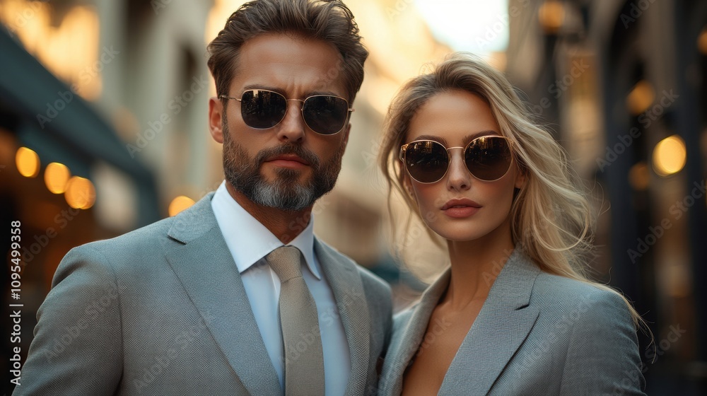 Elegant business couple in sunglasses, confident expressions, city street, stylish gray suits, formal attire, close-up, urban professional look, luxury lifestyle, power couple Elegant business couple in sunglasses, confident expressions, city street, stylish gray suits, formal attire, close-up, urban professional look, luxury lifestyle, power couple