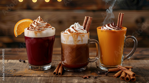 Warm and festive holiday drinks featuring hot chocolate with whipped cream, mulled wine with cinnamon, and spiced cider with orange garnish, set on a rustic wooden table for a cozy vibe