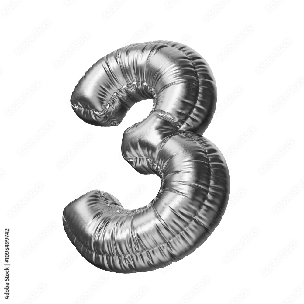 Number three in the shape of a balloon, isolated on a transparent background. An inflatable balloon of chrome color with a glossy texture. Number three in the shape of a balloon, isolated on a transparent background. An inflatable balloon of chrome color with a glossy texture.