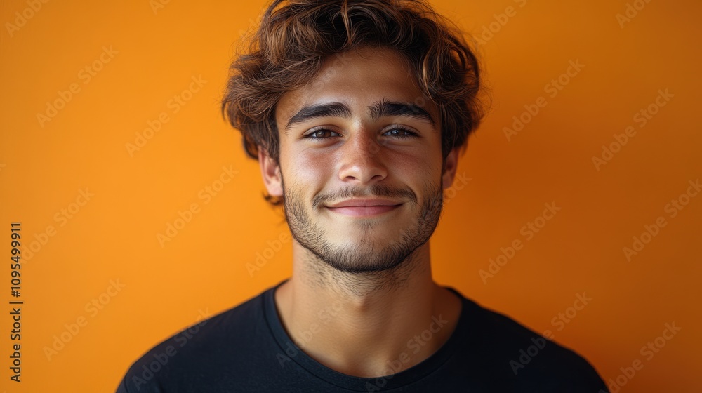 Smiling young man in casual black shirt, vibrant orange background, confident expression, simple studio portrait, positive energy, modern, youthful, friendly look
