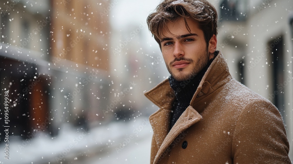 Young man in winter coat outdoors, snow falling on city street, stylish look, cold weather, fashionable, confident expression, urban winter scene Young man in winter coat outdoors, snow falling on city street, stylish look, cold weather, fashionable, confident expression, urban winter scene