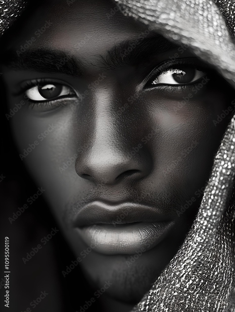Black-and-white portrait of man in hood  
