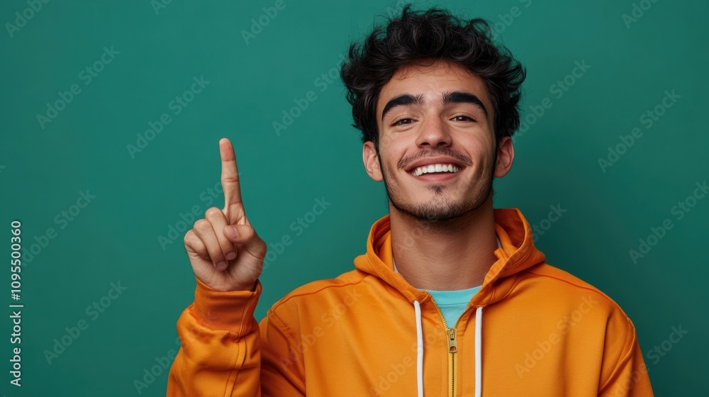 Young man pointing upward, cheerful expression, casual black jacket, green background, studio portrait, positive energy, friendly vibe, motivational pose Young man pointing upward, cheerful expression, casual black jacket, green background, studio portrait, positive energy, friendly vibe, motivational pose