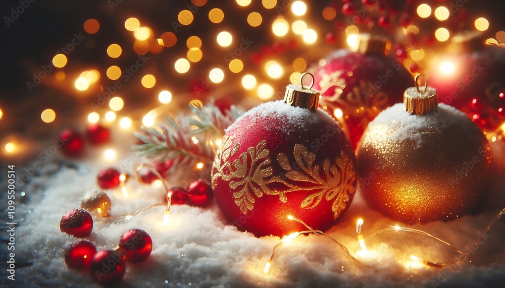 shiny red and gold baubles nestled in soft snow with glowing fairy lights creating magical aura shiny red and gold baubles nestled in soft snow with glowing fairy lights creating magical aura