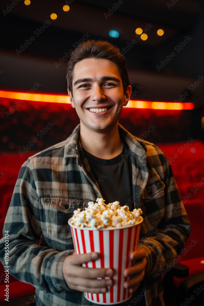 Happy young man with big pack of popcorn, sitting in a theater, in a red chair, watching cinema movie. Concept: Movie night, film festival. Happy young man with big pack of popcorn, sitting in a theater, in a red chair, watching cinema movie. Concept: Movie night, film festival.