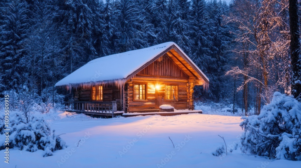 A cozy log cabin illuminated in a snowy landscape, surrounded by trees. A cozy log cabin illuminated in a snowy landscape, surrounded by trees.
