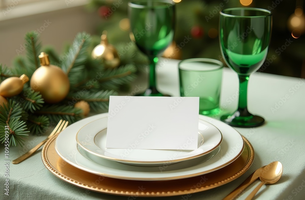 table set for Christmas in the restaurant, white blank leaf, christmas mock up, green and gold colors, new year table set for Christmas in the restaurant, white blank leaf, christmas mock up, green and gold colors, new year