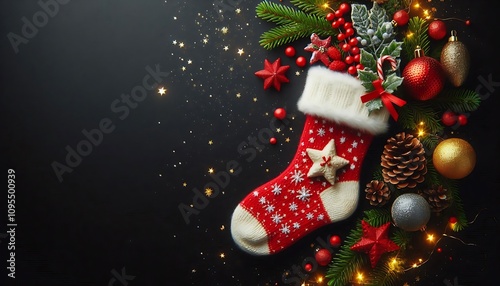 bright Christmas sock on black background with gold balls copy space