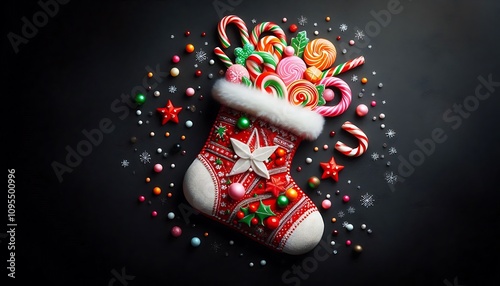 bright Christmas sock with sweets on black background with copy space