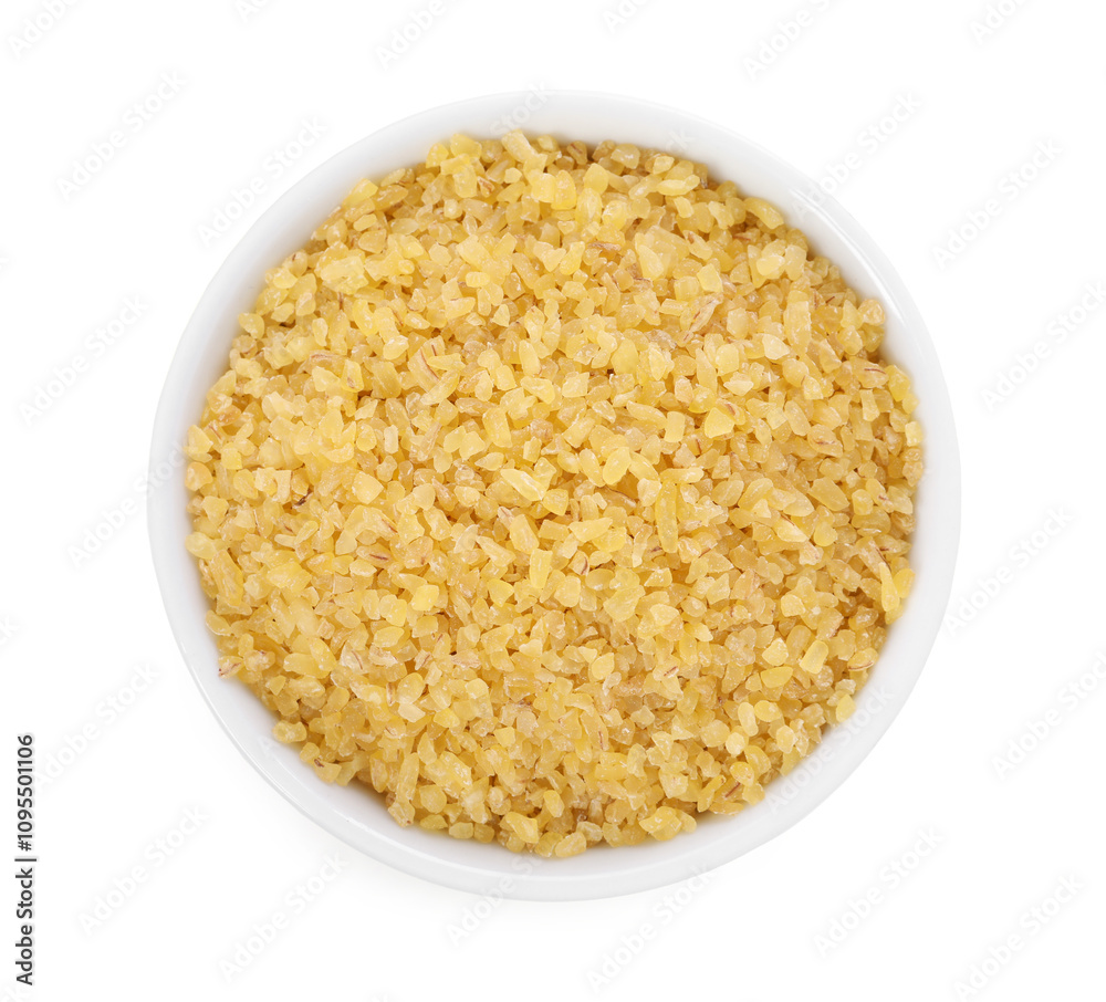 Raw bulgur in bowl isolated on white, top view Raw bulgur in bowl isolated on white, top view