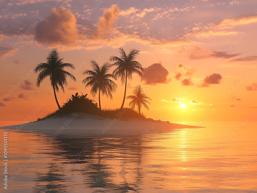 A deserted tropical island glowing in the warm light of sunset A deserted tropical island glowing in the warm light of sunset