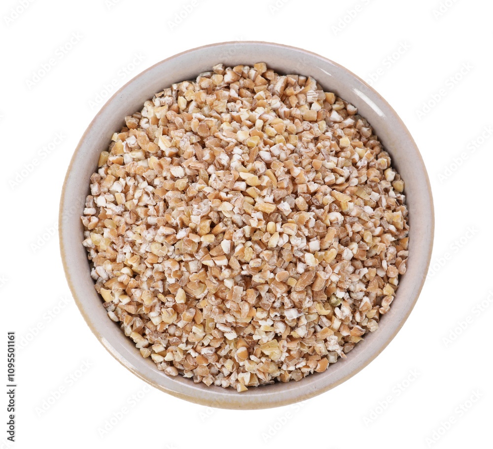 Dry wheat groats in bowl isolated on white, top view Dry wheat groats in bowl isolated on white, top view
