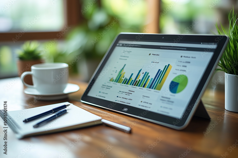 A minimalist office desk setup with a tablet showing marketing campaign progress, surrounded by a pen and notebook A minimalist office desk setup with a tablet showing marketing campaign progress, surrounded by a pen and notebook