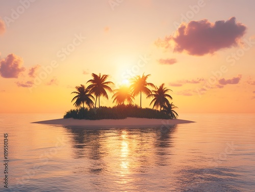 A deserted tropical island glowing in the warm light of sunset