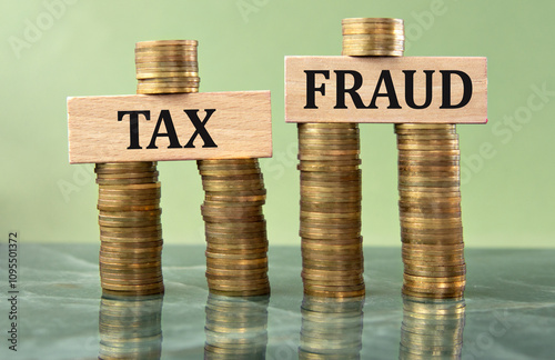 Wallpaper Mural TAX FRAUD - words on wooden cubes on stacks of coins Torontodigital.ca