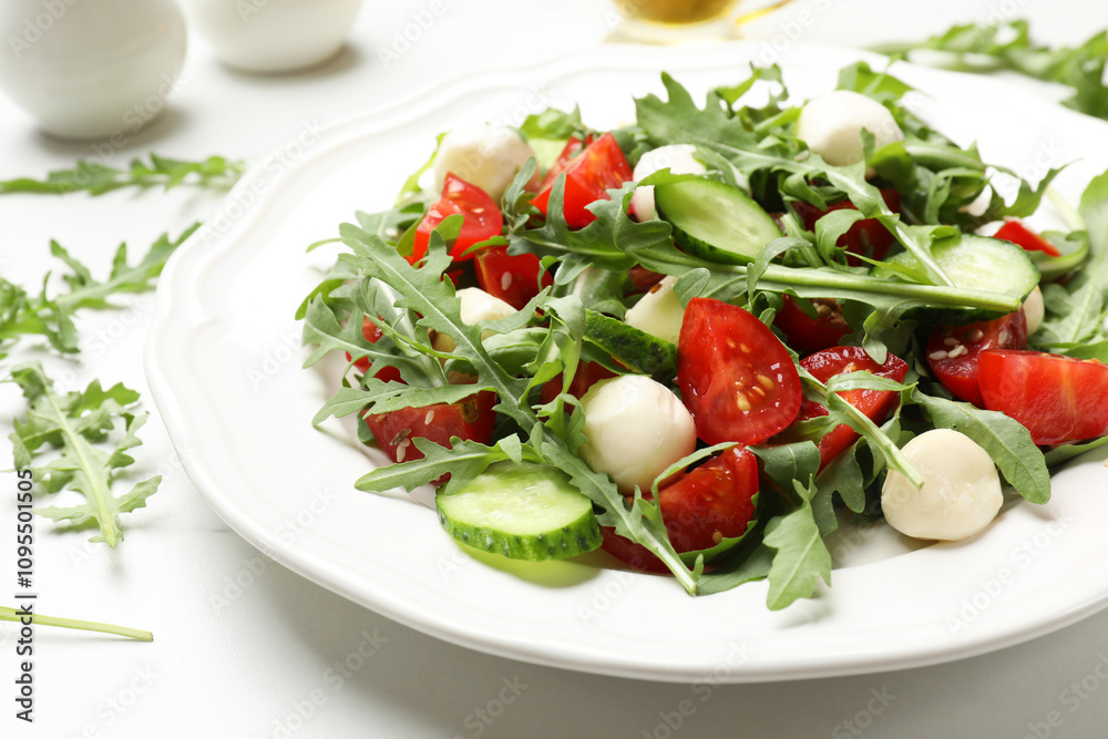 Tasty salad with arugula, mozzarella, tomatoes and cucumber on white table, closeup Tasty salad with arugula, mozzarella, tomatoes and cucumber on white table, closeup
