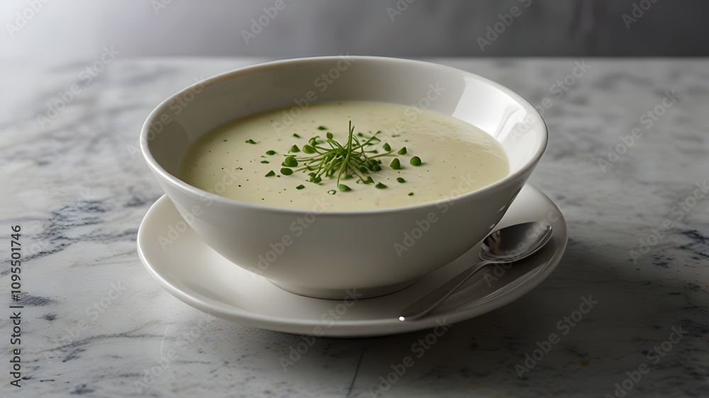 Elegant Vichyssoise with Chive Oil Drizzle and Fresh Chives Elegant Vichyssoise with Chive Oil Drizzle and Fresh Chives