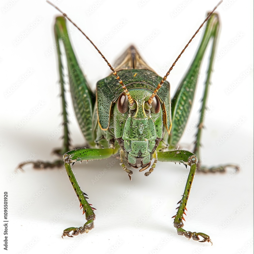 Great green bush cricket Tettigonia viridissima in front of white background Great green bush cricket Tettigonia viridissima in front of white background