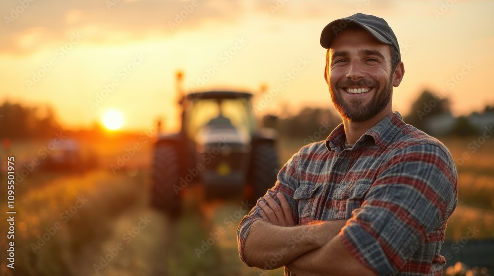 Beaming farmer standing confidently with arms crossed in front of tractor at golden sunset, countryside farming life, agriculture pride, hardworking rural lifestyle, peaceful setting Beaming farmer standing confidently with arms crossed in front of tractor at golden sunset, countryside farming life, agriculture pride, hardworking rural lifestyle, peaceful setting