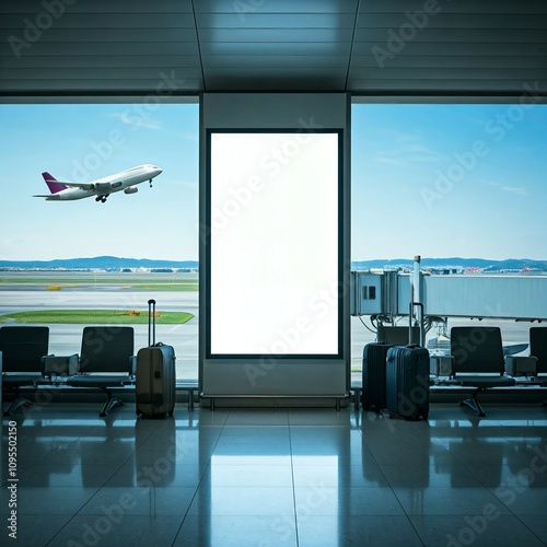Blank advertisement board in an airport terminal with luggage nearby and a plane taking off in the background.